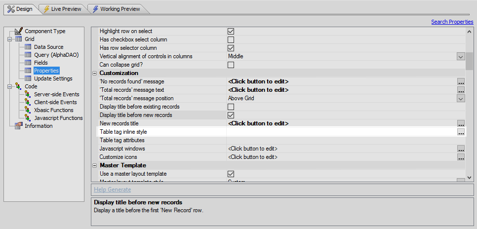 Table tag inline style property